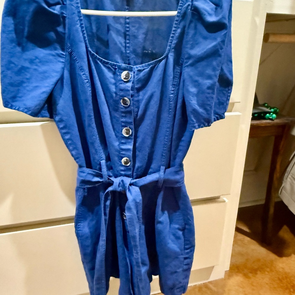 Banana Republic Blue Romper with Puff Sleeves and Tie Waist